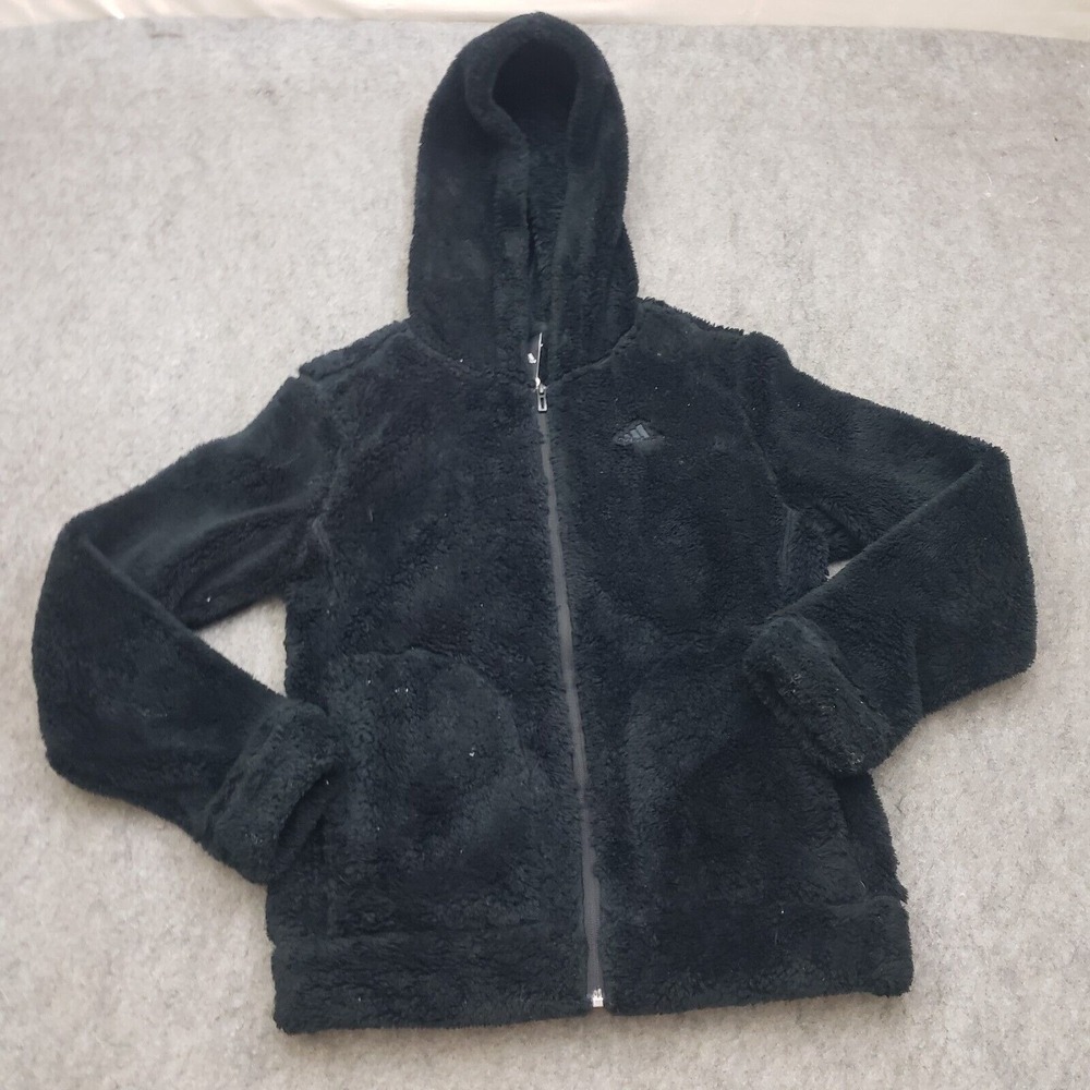 Adidas Sweater Womens Extra Small Black Full Zip Hooded Fleece Fuzzy Ladies *